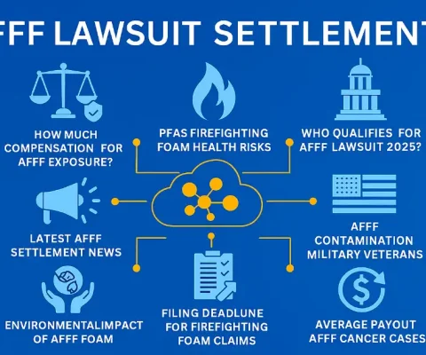 2025 Afff Lawsuit Settlements Infographic Showing Compensation Amounts, Pfas Health Risks, Eligibility For Firefighters And Military Veterans, Filing Deadlines, Average Payouts, And Environmental Impact Of Firefighting Foam.