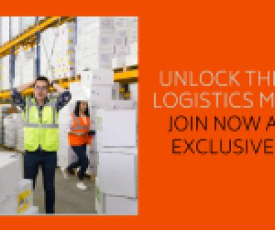 Warehouse workers organizing boxes with text promoting logistics membership benefits.