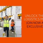 Warehouse Workers Organizing Boxes With Text Promoting Logistics Membership Benefits.