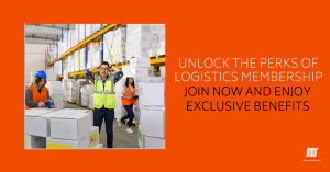 Warehouse workers organizing boxes with text promoting logistics membership benefits.