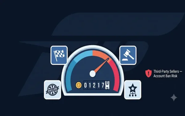 Racing Game Dashboard Showing A Rising Credit Counter Surrounded By Icons For Races, Wheelspins, Auction House, And Car Mastery Skill Points, With A Red Warning Shield Icon About Third-Party Seller Account Ban Risk