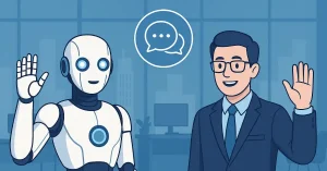 Futuristic AI robot and human professional waving in office, illustrating seamless collaboration for instant chat connections.