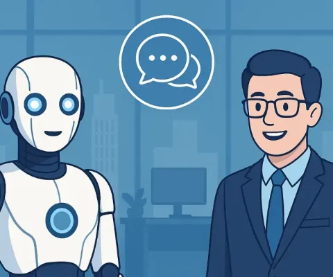 Futuristic Ai Robot And Human Professional Waving In Office, Illustrating Seamless Collaboration For Instant Chat Connections.