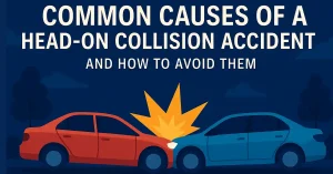 Dramatic scene of a head-on car collision on a highway, with shattered vehicles and warning signs, highlighting causes and prevention for 2025 safety guide.