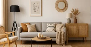 Stylish living room interior with modern home decor elements and cozy accessories.