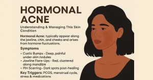 Close-up illustration of woman's face showing hormonal acne on jawline and chin, with hormone icons and treatment symbols like pills and creams for 2025 management guide.