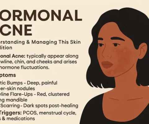Close-Up Illustration Of Woman'S Face Showing Hormonal Acne On Jawline And Chin, With Hormone Icons And Treatment Symbols Like Pills And Creams For 2025 Management Guide.