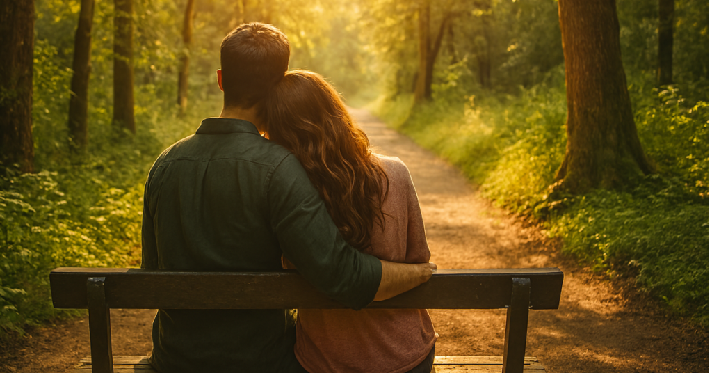 Romantic couple sitting on bench in sunlit forest path, symbolizing finding love and connection