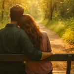 Romantic Couple Sitting On Bench In Sunlit Forest Path, Symbolizing Finding Love And Connection