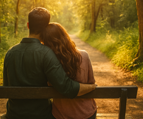 Romantic Couple Sitting On Bench In Sunlit Forest Path, Symbolizing Finding Love And Connection