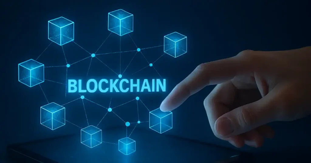 Hand interacting with holographic blockchain network on digital device