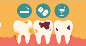 Tooth Decay and Erosion: Illustrated close-up of teeth showing erosion from acids and decay spots, with icons of cigarettes, pills, and wine glasses representing unusual causes in 2025.