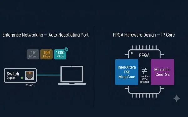 Split Diagram Showing A Switch Auto-Negotiating A 1000 Mbps Link On The Left Representing The Common Enterprise Networking Meaning Of Triple-Speed Ethernet, And An Fpga Chip With Separate Intel Altera And Microchip Coretse Ip Core Blocks On The Right Representing The Hardware Design Meaning