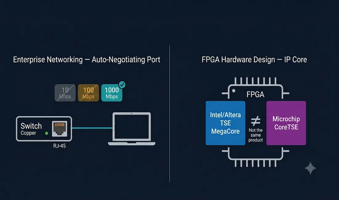 Understanding Triple-Speed Ethernet 1 Split Diagram Showing A Switch Auto-Negotiating A 1000 Mbps Link On The Left Representing The Common Enterprise Networking Meaning Of Triple-Speed Ethernet, And An Fpga Chip With Separate Intel Altera And Microchip Coretse Ip Core Blocks On The Right Representing The Hardware Design Meaning