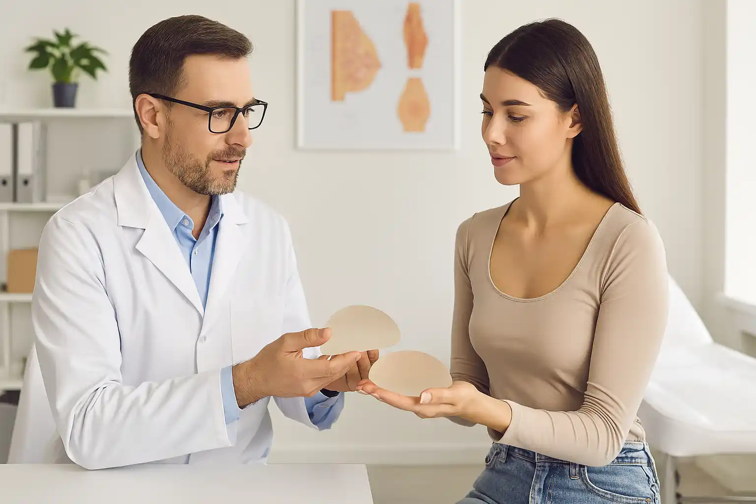 Professional breast augmentation specialist consulting with female patient holding implant sample in clinic.
