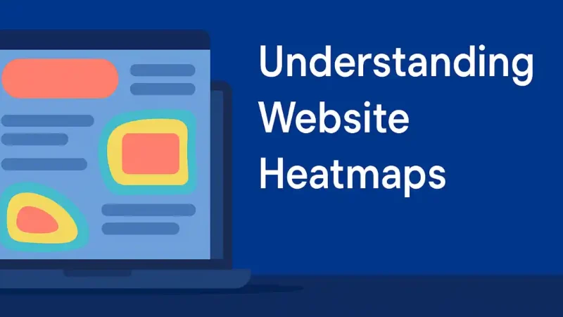 Laptop screen displaying a website heatmap illustrating user behavior with red, yellow, and green zones indicating user interaction; bold white text reads “Understanding Website Heatmaps” on a deep blue background.