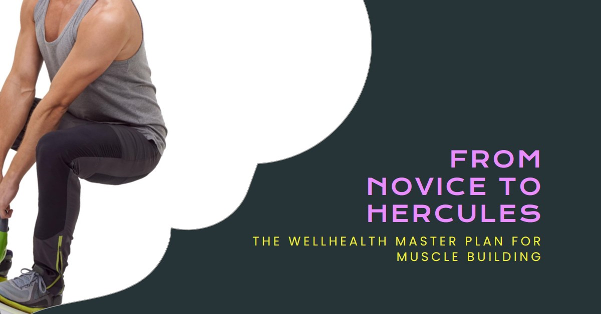 fitness promotional graphic featuring a muscular person sitting and resting their arm on their knee with the text 'From Novice to Hercules - The WellHealth Master Plan for Muscle Building.