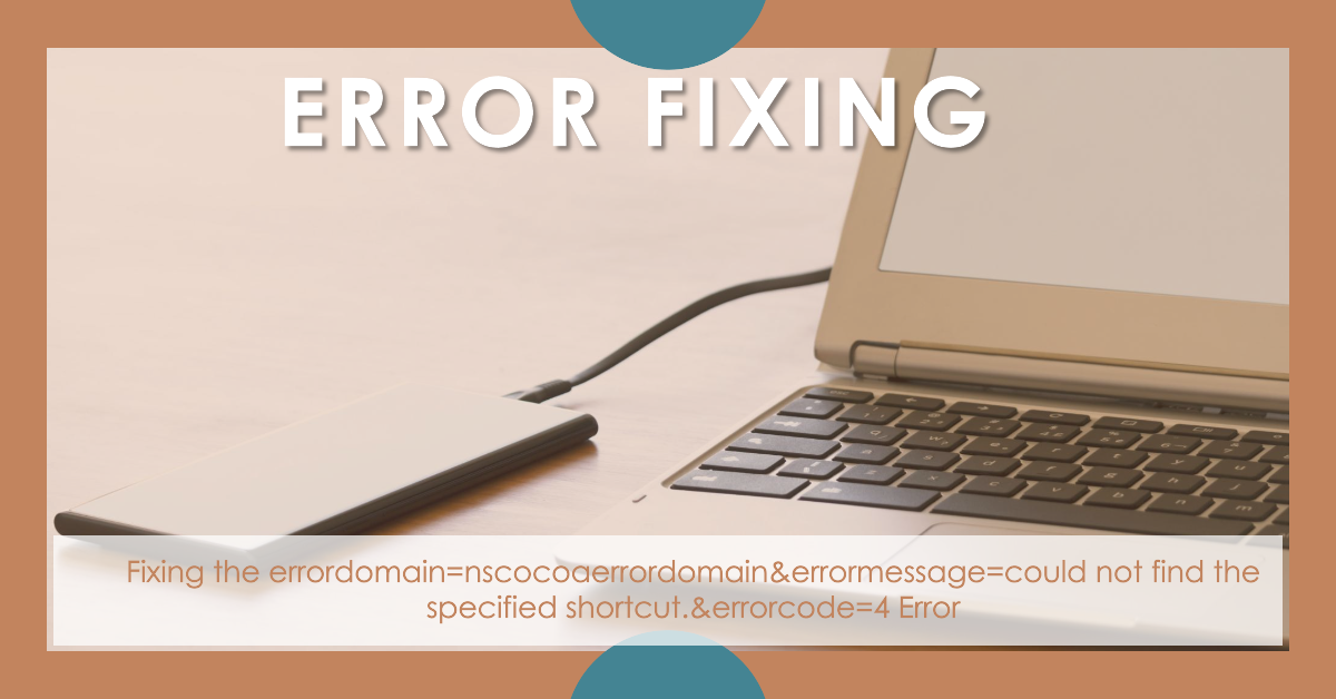 A laptop and a notepad on a desk with text displaying an error message “errordomain=nscocoaerrordomain&errormessage=could not find the specified shortcut.&errorcode=4