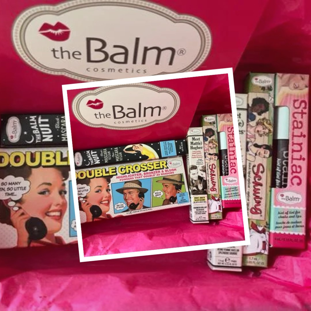 A vibrant image showcasing a variety of theBalm Cosmetics products including lipsticks eyeshadows and blushes with the distinctive theBalm Cosmetics logo prominently displayed