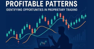 Dynamic candlestick chart with moving averages and a trader analyzing patterns, illustrating profitable opportunities in proprietary trading for 2025 guide.