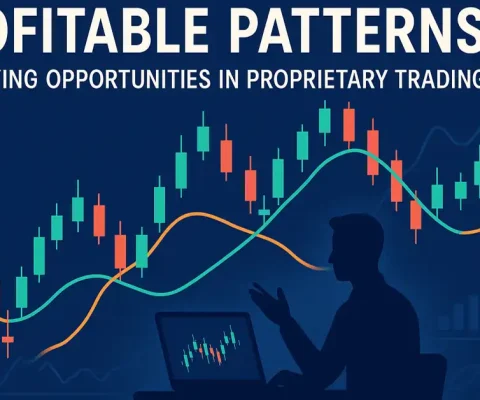 Dynamic Candlestick Chart With Moving Averages And A Trader Analyzing Patterns, Illustrating Profitable Opportunities In Proprietary Trading For 2025 Guide.