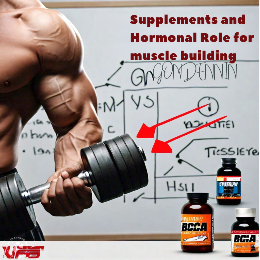 A person with well defined arm muscles lifting a dumbbell with a whiteboard in the background discussing supplements and hormonal role in muscle building and bottles of BCAA supplements on the table