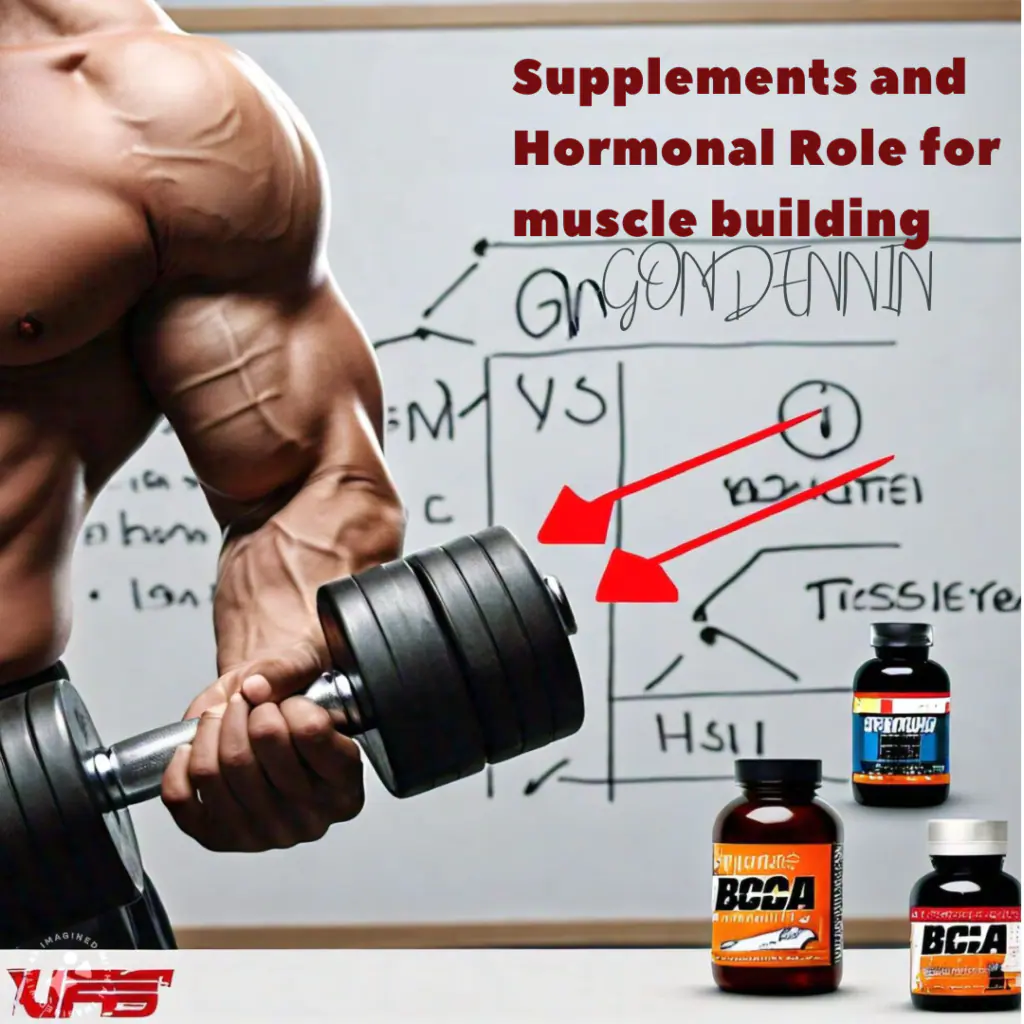 A person with well-defined arm muscles lifting a dumbbell, with a whiteboard in the background discussing supplements and hormonal role in muscle building, and bottles of BCAA supplements on the table.