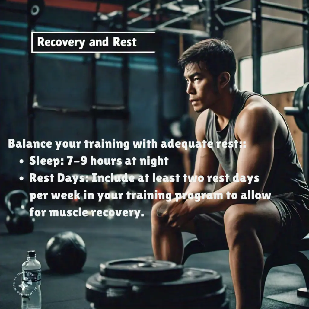 A man sitting in a gym with a focused expression, contemplating muscle building recovery and rest, with tips on sleep and rest days for muscle recovery displayed on the image.