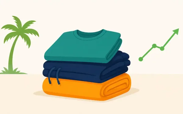 Llustration Of Folded Activewear Clothing Alongside A Growth Chart Icon And A Palm Tree, Representing Vuori'S Business Growth Story