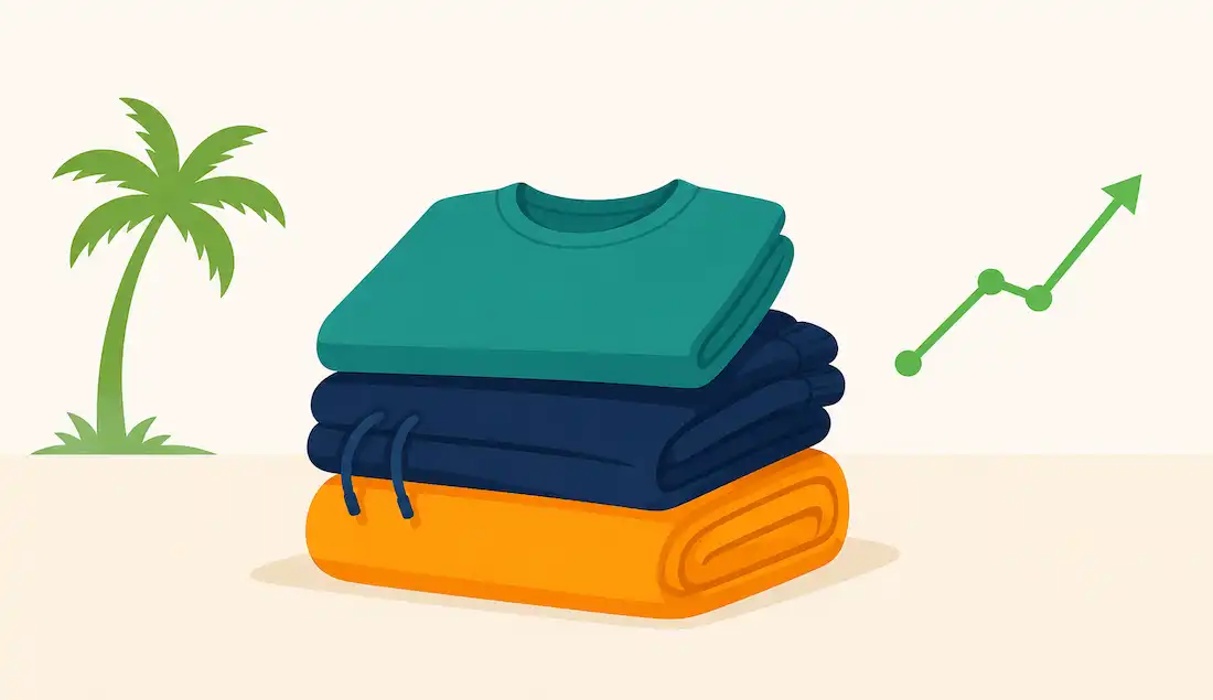 Vuori: The Brand Redefining Activewear With Style And Sustainability 1 Llustration Of Folded Activewear Clothing Alongside A Growth Chart Icon And A Palm Tree, Representing Vuori'S Business Growth Story