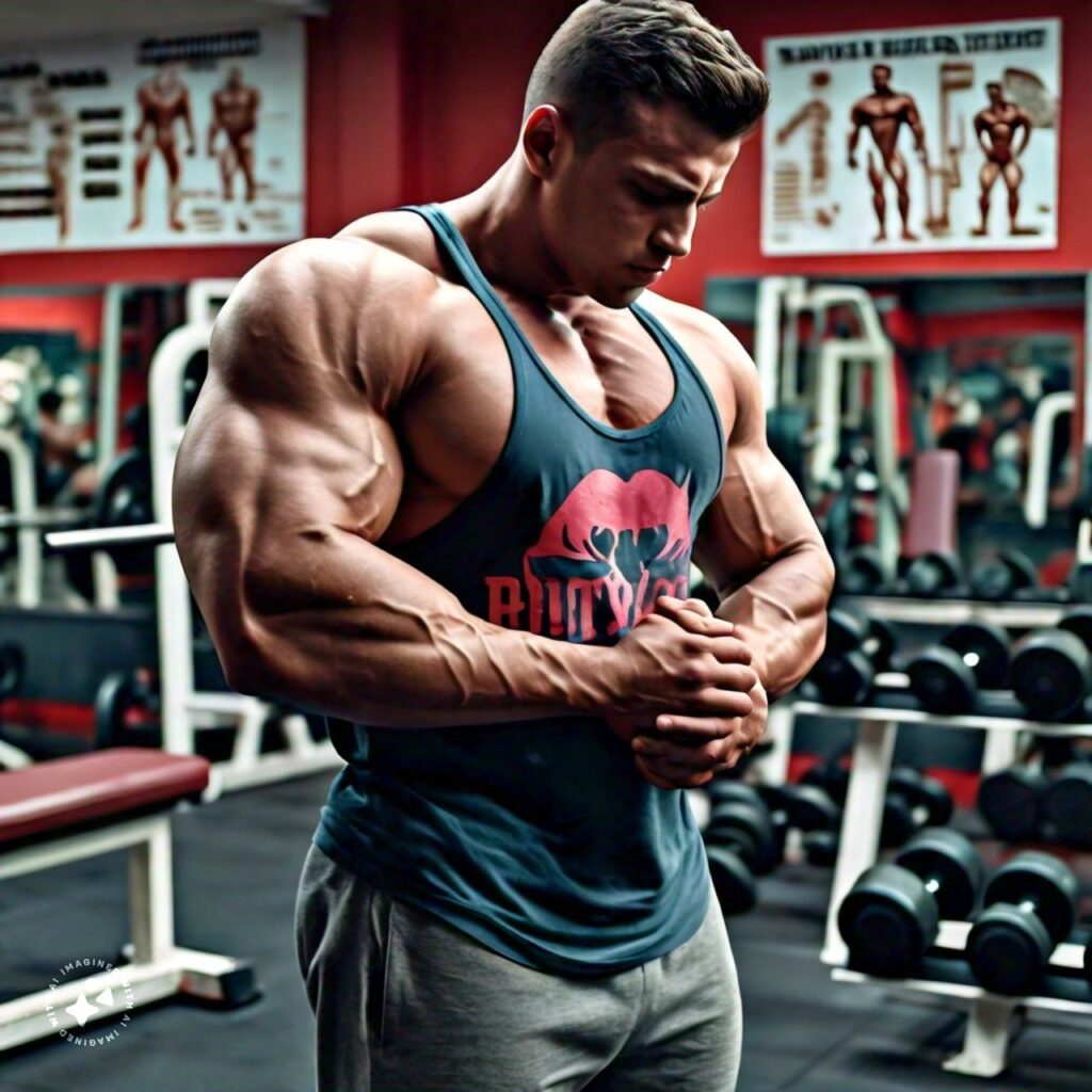 A muscular individual showcasing the results of muscle building standing in a gym with weights in the background wearing a tank top and workout pants