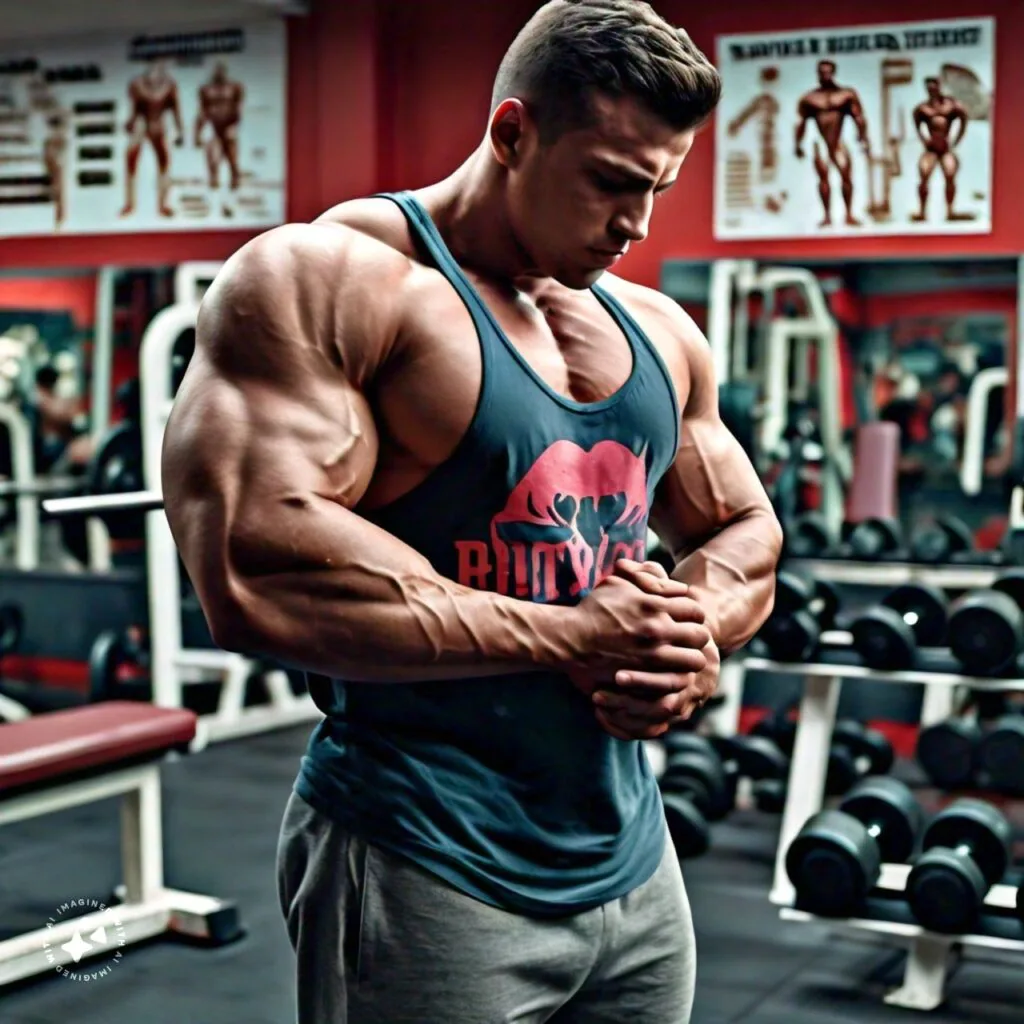 A muscular individual showcasing the results of muscle building, standing in a gym with weights in the background, wearing a tank top and workout pants.