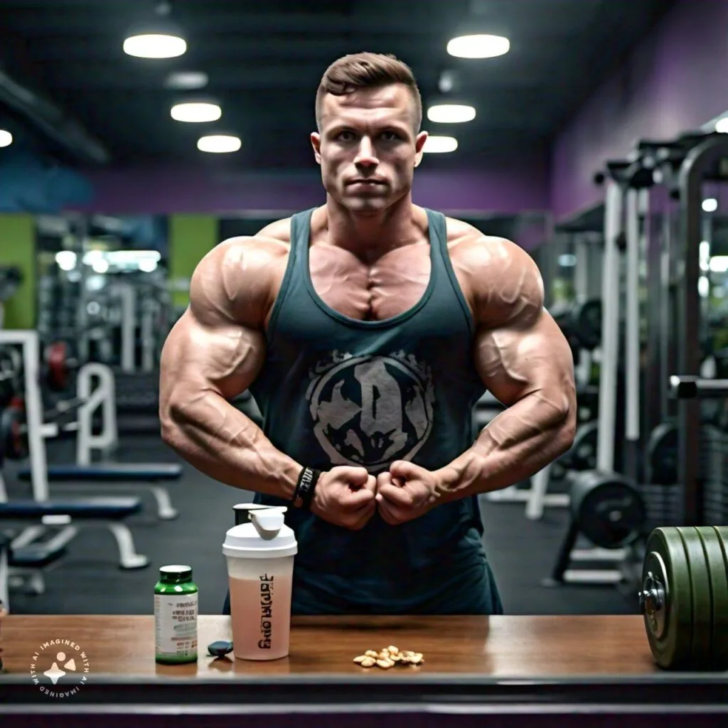 A muscular individual standing in a gym environment, showcasing the results of muscle building, with a focus on his well-defined arms and chest. A protein shake, supplements, and weights are visible, emphasizing the lifestyle associated with muscle building.