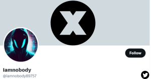 A grayscale graphic depicting a stylized internet user icon, half visible and half shrouded in shadow, against a backdrop of binary code; representing the duality of identity and anonymity online, specifically in the context of "Iamnobody89757".
