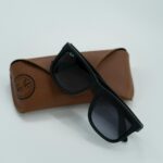 A pair of black Ray-Ban sunglasses resting on a brown leather case.