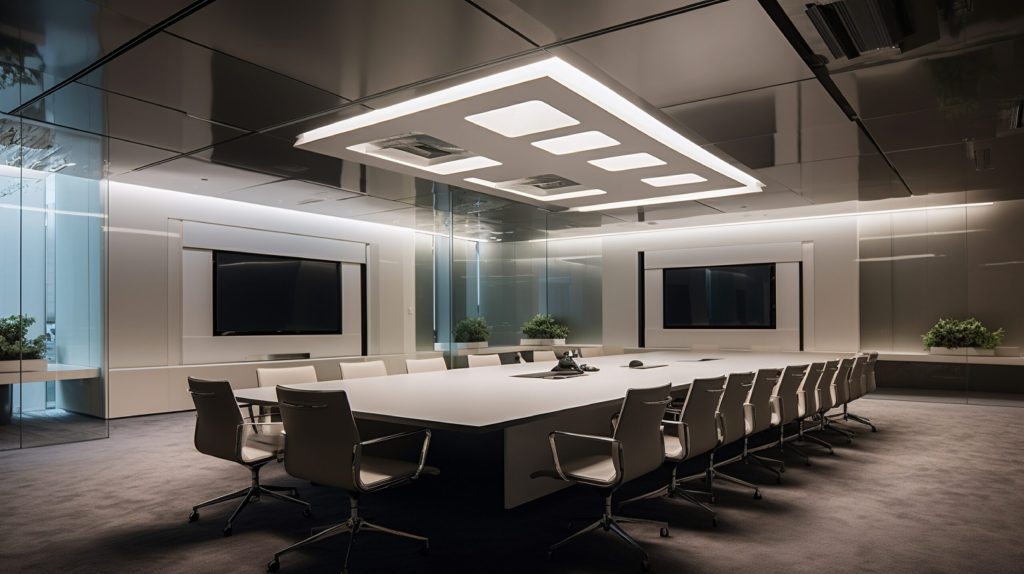 Modern conference room with a large white table and chairs, glass walls, recessed lighting, and dual monitors.