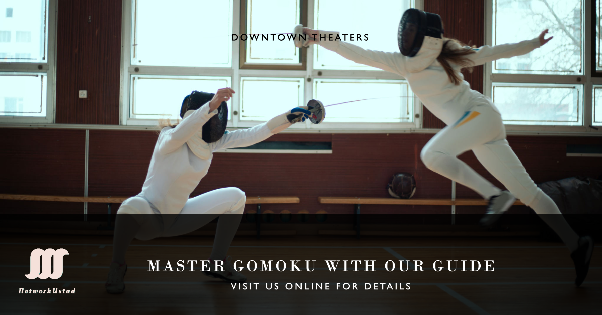 Fencers competing indoors with text promoting a Gomoku strategy guide.