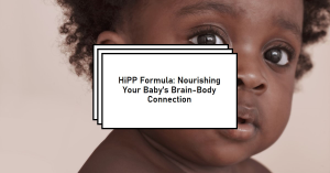 Close-up image of a HiPP formula image next to a infant’s face, highlighting the product’s benefits for brain development.