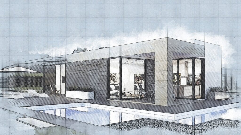 Architectural sketch of a modern single-story house with large glass windows and doors. The house features a flat roof, an extended overhang creating a shaded patio area with outdoor furniture, and is surrounded by a water feature resembling a moat.