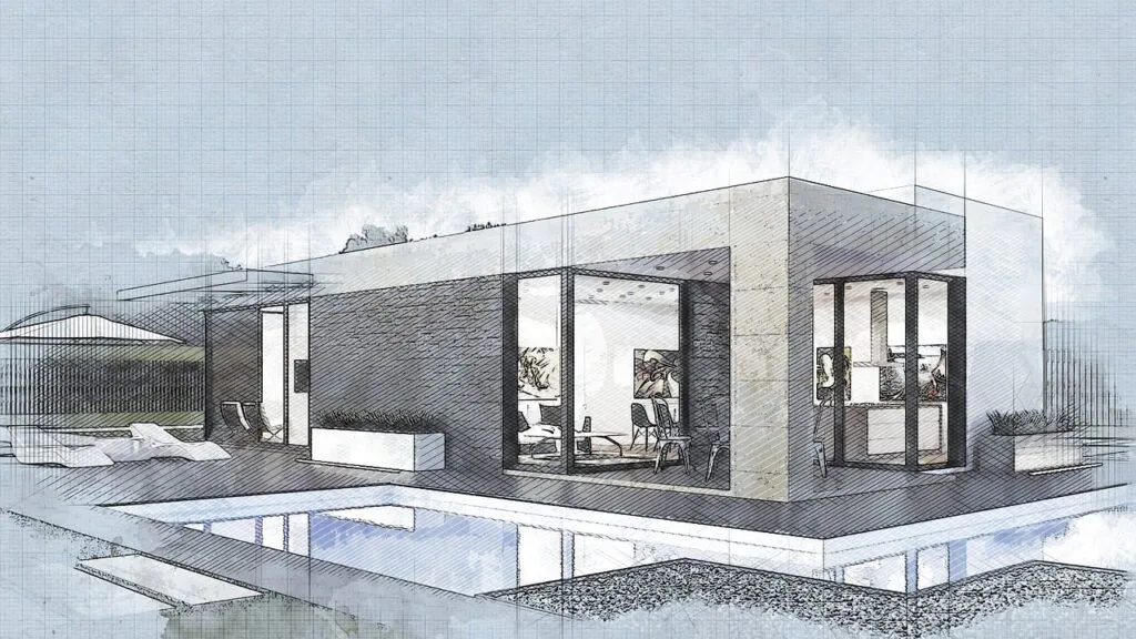 Architectural sketch of a modern single-story house with large glass windows and doors. The house features a flat roof, an extended overhang creating a shaded patio area with outdoor furniture, and is surrounded by a water feature resembling a moat.