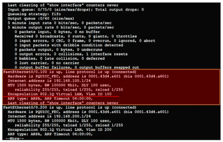 Computer screen displaying network interface statistics, including input and output packets, queue strategy, and interface resets. The output references ‘FastEthernet0/0’ and ‘FastEthernet0/1’ interfaces. Relevant for network administration and troubleshooting.