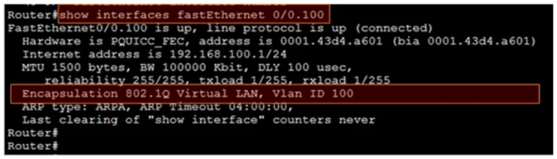 Command-line interface output for a router’s Ethernet 0/0/0 interface. It displays detailed information, including IP address (192.168.100.1/24), hardware address (0001.43d4.a601), MTU size (1500 bytes), bandwidth (100000 Kbit), delay (100 microseconds), reliability (255/255), load (1/255), encapsulation method (802.1Q Virtual LAN), VLAN ID (100), ARP type (ARPA), and ARP timeout (4 hours). The ‘show interface’ counters have never been cleared.