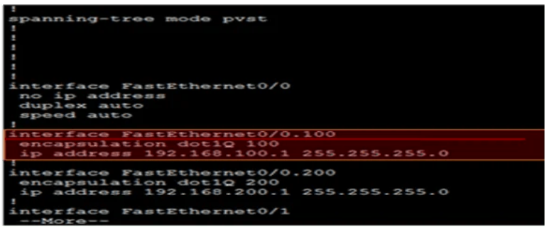 Screenshot of a network configuration interface with command-line instructions for spanning-tree protocol and FastEthernet interfaces, highlighting IP address settings in red.