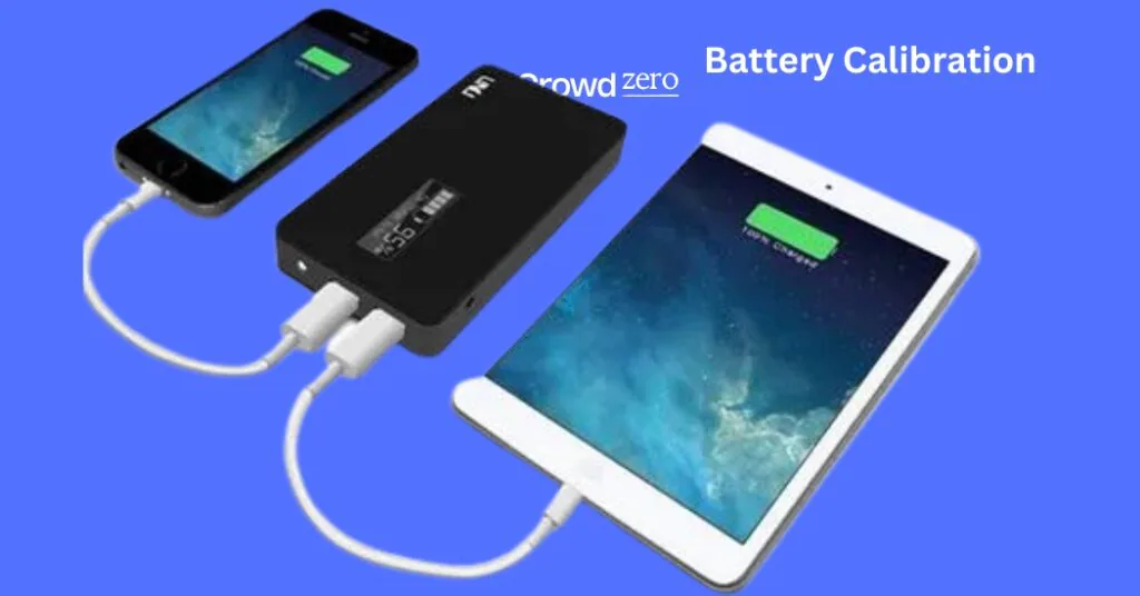 An illustration of battery calibration concept with a smartphone and a tablet connected to an external battery pack. The smartphone screen displays a battery icon with ‘11%’ and the tablet screen shows a battery icon with ‘crowd zero’. Both devices are on a blue background, suggesting the process of charging or calibrating batteries.