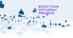 A visual representation of increasing Instagram popularity with scattered 3D ‘like’ icons and text stating ‘BOOST YOUR INSTAGRAM PRESENCE’.