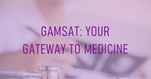 Abstract pink background with overlay text "GAMSAT: Your Gateway to Medicine" and a blurred stethoscope, symbolizing entry into medical studies.
