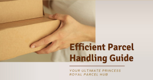 A person’s hands holding a cardboard box with the text “Efficient Parcel Handling Guide” alongside “Your Ultimate Princess Royal Parcel Hub.