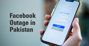 A person’s hand holding a smartphone with the screen displaying a Facebook login page, overlaid with text “Facebook Outage in Pakistan.”