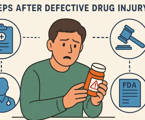 Illustration Of A Concerned Patient Holding A Pill Bottle With Warning Icons, Surrounded By Icons Representing Medical Care, Legal Documents, And Fda Reporting—Guide To Steps After Defective Drug Injury In 2025.