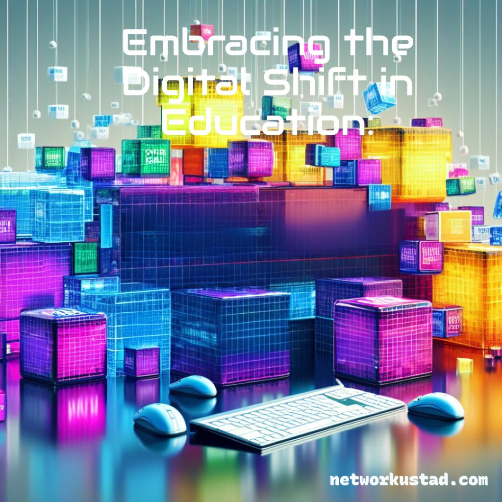 A vibrant digital illustration featuring a laptop with an open lid at the forefront, surrounded by colorful, three-dimensional app icons floating against a backdrop of binary code rain. The image symbolizes the integration of apps in modern education.